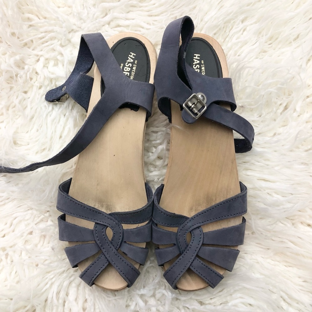 Sweedish Hasbeens Cross Strap Debutant Sandal Blue Nubuck Suede Leather sz37 6.5